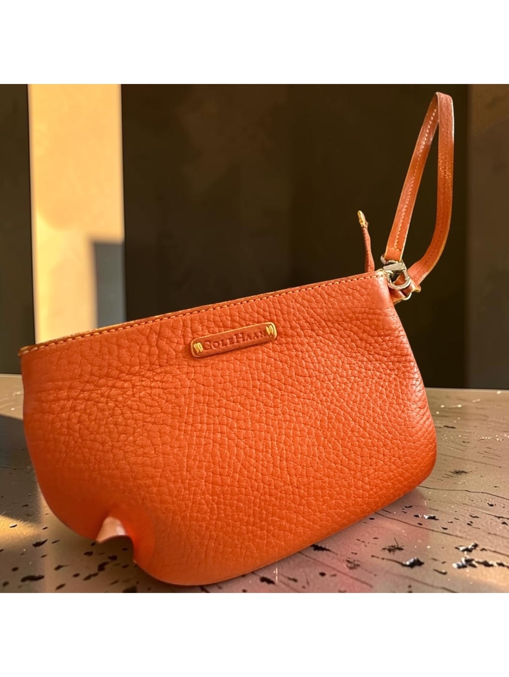 Cole Haan Pebble Grain Leather Zip Pouch in Pumpkin/Burnt Orange